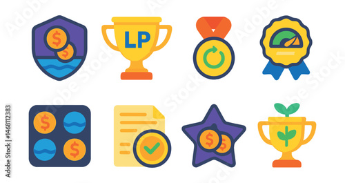 Flat vector icons of yield farming strategies: liquidity pool deposit badge, LP token farming trophy, auto-compounding strategy medal, APR tracker dashboard ribbon, multiple pool farming app icon,