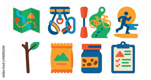 Flat vector icons of weekend active lifestyle: outdoor hiking map, mountain climbing gear, bike trail route, kayak paddle icon, sunrise beach run, nature walking stick, trail snack bag, weekend