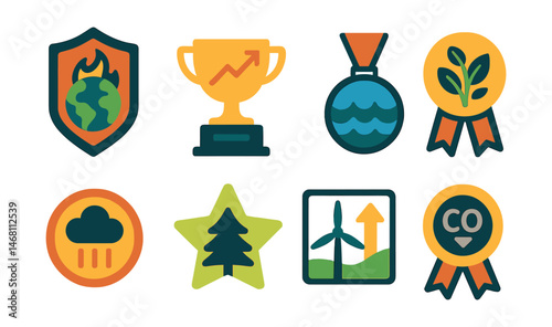Flat vector icons of environmental forecasts: climate change impact prediction badge, global warming trend graph trophy, sea level rise forecast medal, biodiversity loss risk ribbon, pollution index
