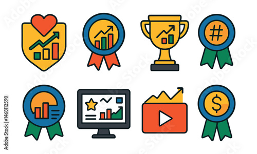 Flat vector icons of social media analytics: engagement rate chart badge, follower growth graph medal, top post insights trophy, hashtag performance ribbon, reach and impressions analysis badge,