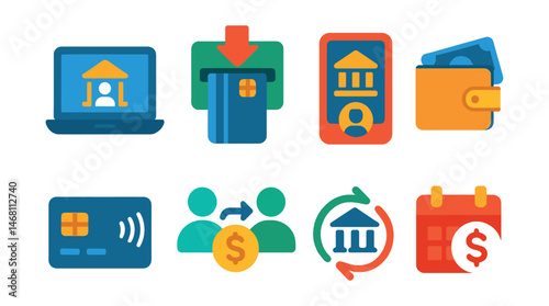 Flat vector icons of banking and digital finance: online bank login icon, ATM card withdrawal, mobile banking app badge, digital wallet fund transfer, contactless payment card, peer-to-peer payment