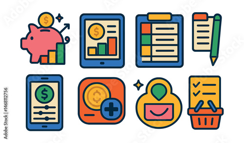 Flat vector icons of financial literacy for kids: piggy bank savings chart, pocket money tracker, kids budget planner, simple spending log, allowance management app, money habits game icon, savings
