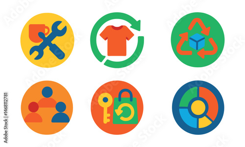 Flat vector icons of circular economy principles: repair cafe icon, upcycled product badge, product life extension chart, material reuse symbol, sharing economy platform, rental instead of ownership