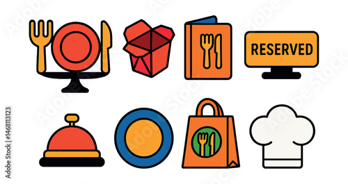 Flat vector icons of restaurant and dining experience: restaurant table setting, takeout box icon, menu book, reserved sign badge, order bell, fine dining plate, food delivery bag, chef’s hat symbol.