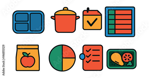 Flat vector icons of meal prepping essentials: divided meal container, batch cooking pot, prep day calendar, weekly meal plan board, food storage bag icon, portion control guide, prep checklist,