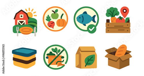 Flat vector icons of food sustainability and eco-eating: farm to table symbol, seasonal eating guide, sustainable seafood badge, local food support, reusable food container, no waste cooking badge,