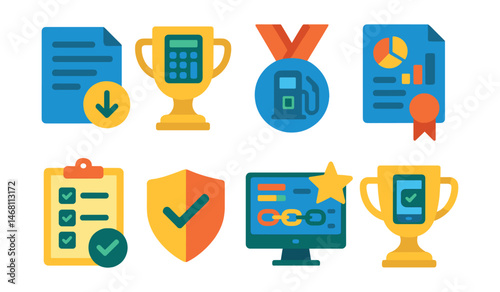 Flat vector icons of DeFi tax and reporting: transaction history export badge, capital gains calculator trophy, gas fee log viewer medal, tax report generation ribbon, regulatory compliance checklist