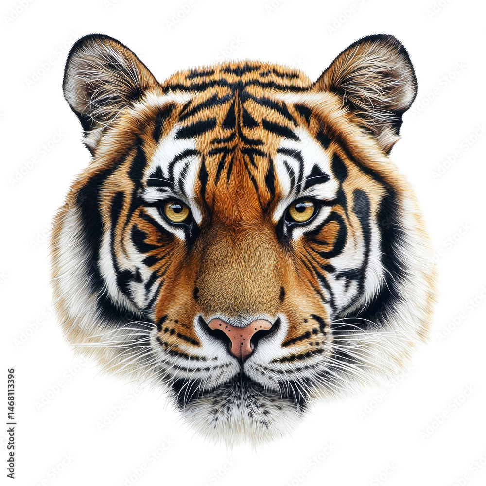 Fototapeta premium Majestic tiger portrait intense gaze wildlife animal orange fur big cat on transparent background