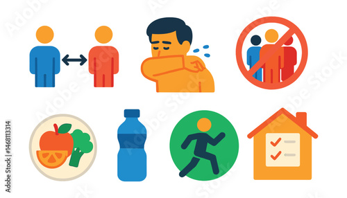 Flat vector icons of disease prevention tips: social distancing reminder, cover mouth when sneezing, avoid crowded spaces badge, healthy air ventilation symbol, healthy eating for immunity plate,