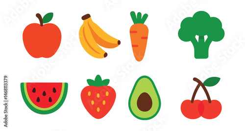 Flat vector icons of fresh fruits and vegetables: apple icon, banana bunch, carrot stick, broccoli head, watermelon slice, strawberry badge, avocado half, cherry pair.