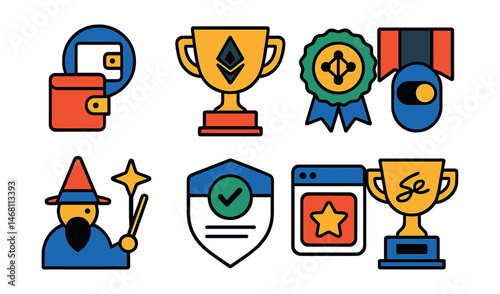Flat vector icons of Web3 user experience: wallet connection modal badge, gas fee alert trophy, network switcher interface medal, dark mode toggle ribbon, Web3 onboarding wizard icon, dApp