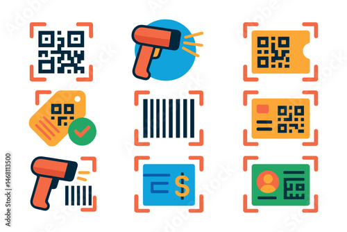 Flat vector icons of QR scanners and barcode tools: QR code scanning icon, barcode scanner badge, product info scan, ticket check-in QR, payment scan code, loyalty card scan, product price scanner,