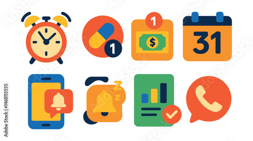 Flat vector icons of smart notifications and reminders: smart alarm clock, medication reminder badge, bill due reminder, event countdown app, custom notification settings, snooze reminder icon,