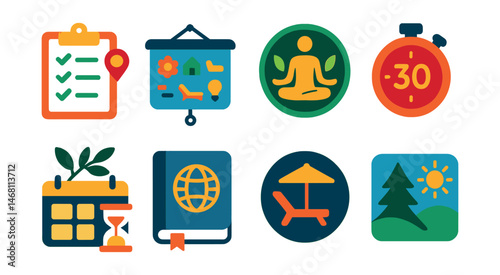 Flat vector icons of vacation, rest and rejuvenation: vacation planning checklist, staycation ideas board, wellness retreat badge, digital detox timer, slow weekend planner, travel dreams journal,