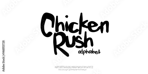 Chicken Rush Elegant Font. Groovy Font. Graffiti Font. Creative Hand Drawn Uppercase lowercase . Street Art Classic Lettering Fashion Designs Typography modern serif  handwriter vintage concept vector