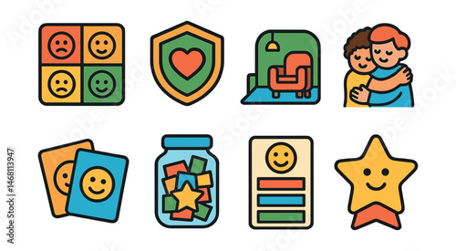 Flat vector icons of emotional well-being for kids: feelings chart icon, safe space badge, calm down corner, hug therapy symbol, positive affirmation cards, gratitude jar for kids, emotion
