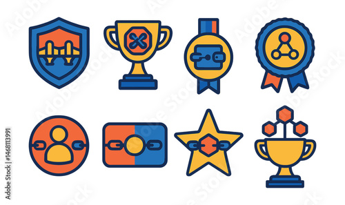 Flat vector icons of cross-chain DAOs: DAO bridge deployment badge, cross-chain voting module trophy, multichain treasury wallet medal, interoperable governance setup ribbon, unified identity icon,