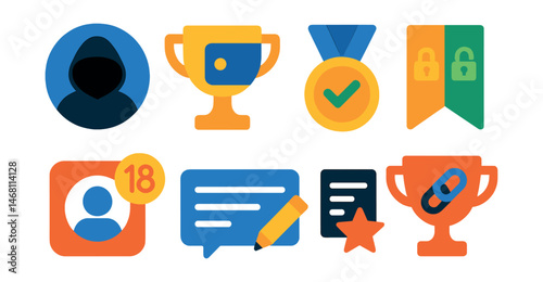 Flat vector icons of avatar identity layers: anonymous avatar mode badge, avatar-linked wallet trophy, verified identity layer medal, public/private toggle ribbon, avatar age setting icon, nickname