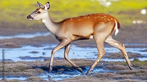 Young Roe Deer Walking in Marsh Wetland Wildlife Photography photo