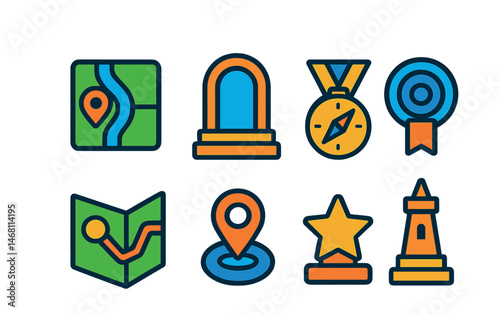 Flat vector icons of world navigation systems: minimap interface badge, teleportation gate trophy, world compass icon medal, zone transition portal ribbon, fast travel map icon, waypoint placement