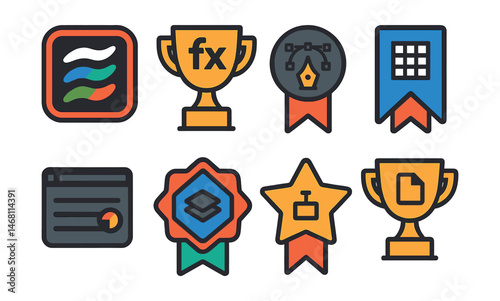 Flat vector icons of digital art software interfaces: brush library window badge, layer blending mode trophy, vector path tool medal, pixel grid toggle ribbon, adjustment layers icon, smart objects