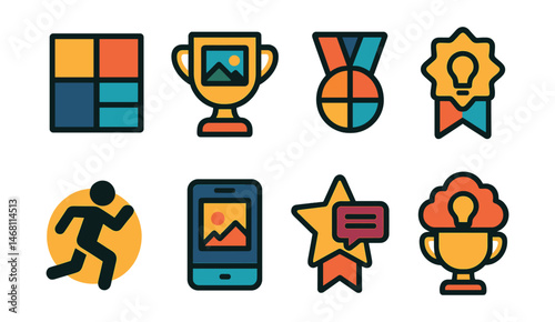 Flat vector icons of digital art inspiration sources: moodboard grid badge, photo reference viewer trophy, color scheme inspiration medal, concept prompt generator ribbon, random pose tool icon,