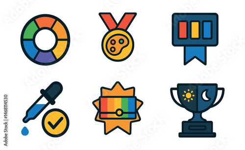 Flat vector icons of color management in digital art: color wheel selector badge, hue/saturation adjustment trophy, palette generator tool medal, swatch organizer ribbon, eyedropper picker icon,