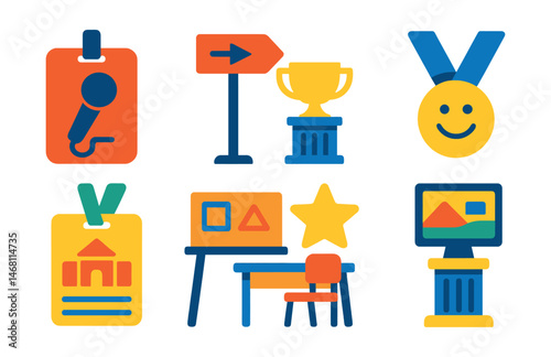 Flat vector icons of gallery education programs: artist talk microphone badge, curator tour sign-up trophy, children’s art workshop medal, school visit pass ribbon, gallery classroom desk icon, art