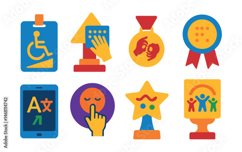 Flat vector icons of inclusive gallery experiences: accessible ramp entry badge, tactile art corner trophy, ASL interpretation service medal, braille artwork label ribbon, multilingual info tablet