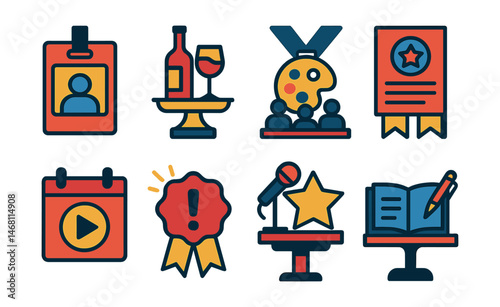 Flat vector icons of opening and closing events: press preview invite badge, vernissage wine tray trophy, artist Q&A stage medal, public launch flyer ribbon, live performance schedule icon, closing