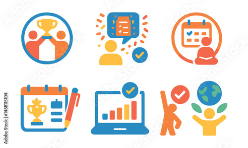 Flat vector icons of celebrating personal organization achievements: hosting goal achievement parties badge, sharing organized lifestyle milestones badge, building organization awards planner,