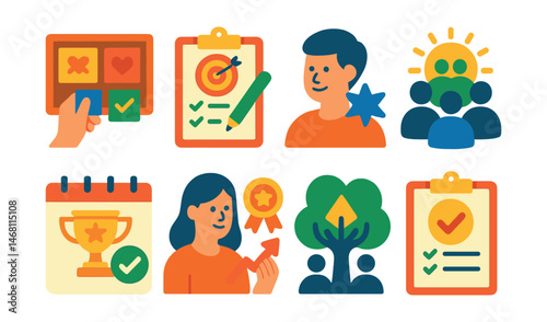 Flat vector icons of creating motivational systems: building personal motivation boards badge, setting inspiring daily goals badge, practicing morning visualization rituals badge, celebrating daily