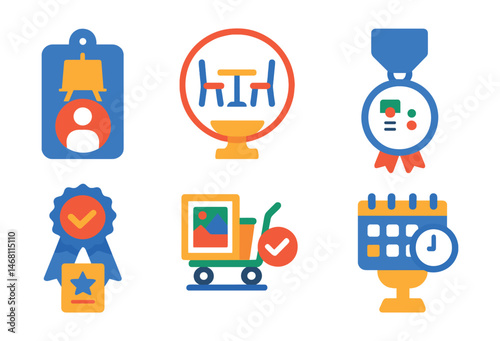 Flat vector icons of artist-gallery collaboration: studio visit log badge, contract negotiation table trophy, co-curation document medal, project milestone board ribbon, artwork delivery checklist