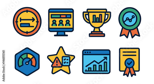 Flat vector icons of project analytics: project timeline tracking badge, resource allocation dashboard medal, budget vs actual costs trophy, project milestone analysis ribbon, project health score
