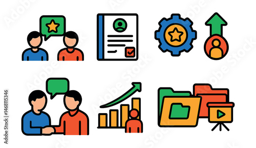 Flat vector icons of employee feedback and growth: peer feedback icon, performance review form, skill development badge, promotion path arrow, coaching session symbol, team growth chart, career