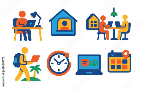 Flat vector icons of remote and hybrid work: work from home desk, hybrid meeting icon, home office setup badge, coworking space icon, digital nomad lifestyle, flexible schedule clock, remote