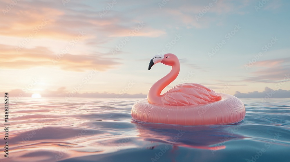 Fototapeta premium Pink Flamingo Inflatable Float on Calm Ocean at Sunset