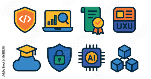 Flat vector icons of technical skills development: coding skills badge, data analysis tools icon, project management certification, UX/UI design course badge, cloud computing learning, cybersecurity