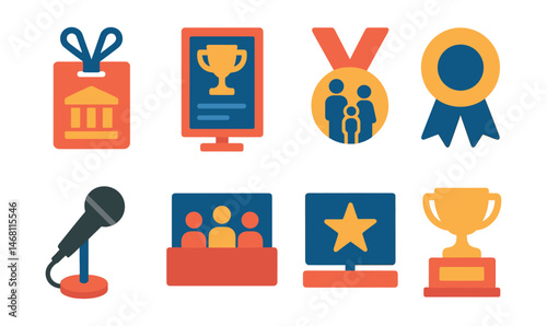 Flat vector icons of museum events: exhibit opening night badge, lecture series poster trophy, family day activity medal, members-only preview ribbon, artist talk microphone icon, panel discussion