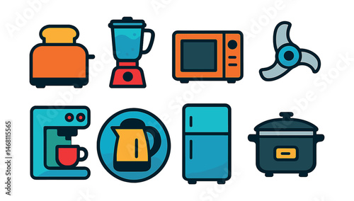 Flat vector icons of kitchen appliances: toaster icon, blender with smoothie, microwave oven, food processor blade, coffee maker machine, electric kettle badge, refrigerator symbol, slow cooker pot.