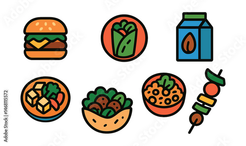 Flat vector icons of vegan and vegetarian foods: plant-based burger icon, tofu stir-fry plate, veggie wrap badge, almond milk carton, vegan salad bowl, falafel pita sandwich, quinoa and chickpeas