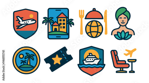 Flat vector icons of luxury travel experiences: private jet flight badge, luxury resort booking, fine dining travel experience, spa retreat vacation, private island badge, VIP tour package icon,