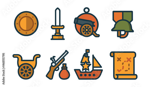 Flat vector icons of historical warfare: bronze shield badge, medieval sword trophy, cannon on wheels medal, trench helmet ribbon, ancient chariot icon, musket and powder badge, warship deck star,