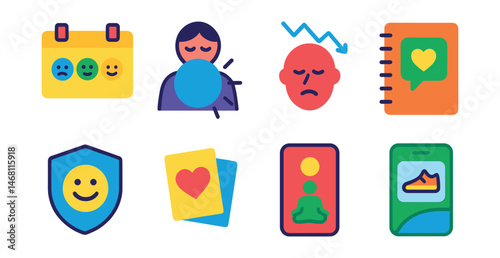 Flat vector icons of mental health and mindfulness: daily mood tracker, mindful breathing bubble, stress reduction guide, therapy session notebook, emotional well-being badge, positive affirmation