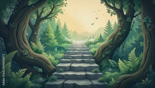 Pathway through lush greenery with trees and mountains