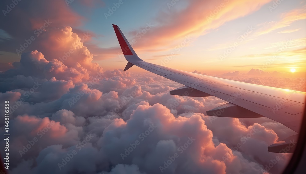 Naklejka premium Aerial photo of airplane wing during scenic sunset flight. Aircraft flies above fluffy clouds in sky. View from inside aeroplane window at dusk. Airplane journey at sunrise, sunbeams through clouds.