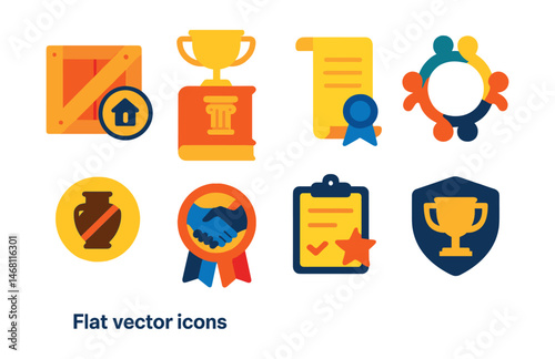 Flat vector icons of archaeological ethics and policy: repatriation crate badge, cultural heritage law book trophy, permission scroll medal, stewardship handshake ribbon, indigenous collaboration