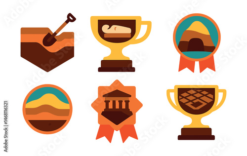 Flat vector icons of excavation sites: dig trench section badge, open burial chamber trophy, ancient foundation layer medal, cave entrance ribbon, hilltop mound profile icon, layered soil strata