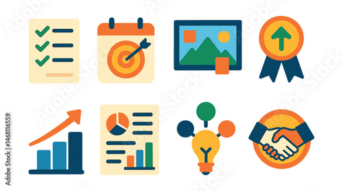 Flat vector icons of goal setting and achievement: personal goals list, goal setting calendar, dream vision board, milestone achievement badge, step-by-step plan, progress review sheet, new goal