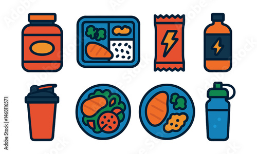 Flat vector icons of fitness nutrition: protein powder jar, fitness meal prep containers, energy bars pack, pre-workout drink, post-workout smoothie, lean meat salad, recovery meal plate, workout